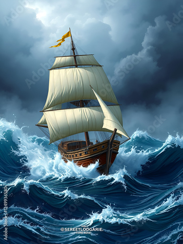 Stormy Seas:  A valiant ship braves the tempestuous waves, its sails straining against the gale-force winds, a testament to human resilience and the enduring spirit of adventure. photo