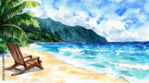 Watercolor painting showcasing a tropical beach scene with a deck chair