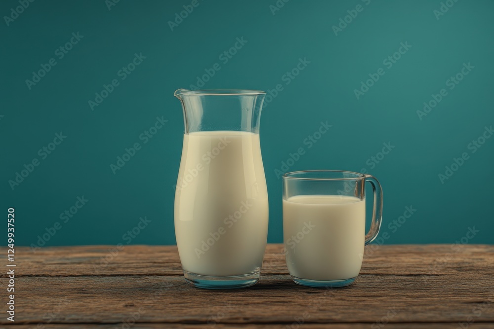Fresh Milk in Clear Glass Jug and Cup on Rustic Wooden Table Against Teal Background Fresh Milk in Clear Glass Jug and Cup on Rustic Wooden Table Against Teal Background