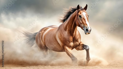 A brown horse running in a field