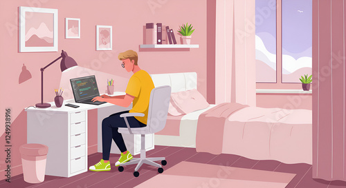 Vector Style Image of a Man in Bedroom with Computer