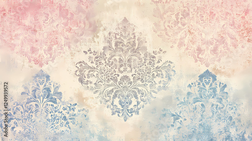 Vintage wallpaper with intricate shabby tapestry design in shades of soft pink, blue, and cream, tapestry, blue, vintage. Tapestry & Textile Art Effects. Illustration