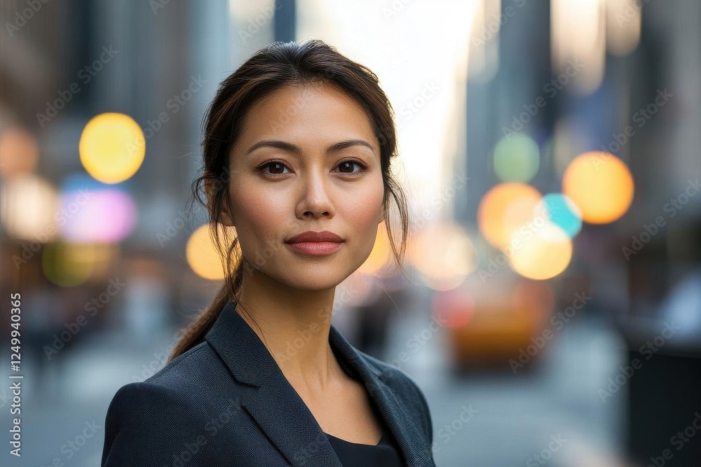 Confident Smiling Businesswoman Standing on City Street Looking Directly at Camera Confident Smiling Businesswoman Standing on City Street Looking Directly at Camera