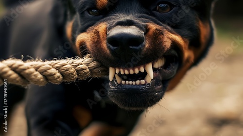 Close-up of a Rottweiler playfully tugging on a rope toy with bared teeth, showcasing its strength and enthusiasm in a natural outdoor setting