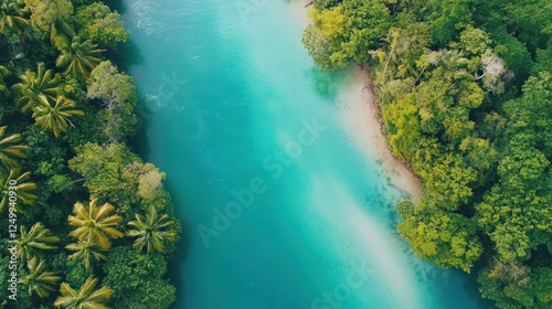 Aerial View of Tropical River Surrounded by Lush Green Rainforest