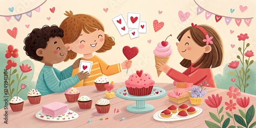 Niños compartiendo corazones y helado en una mesa con cupcakes de San Valentin