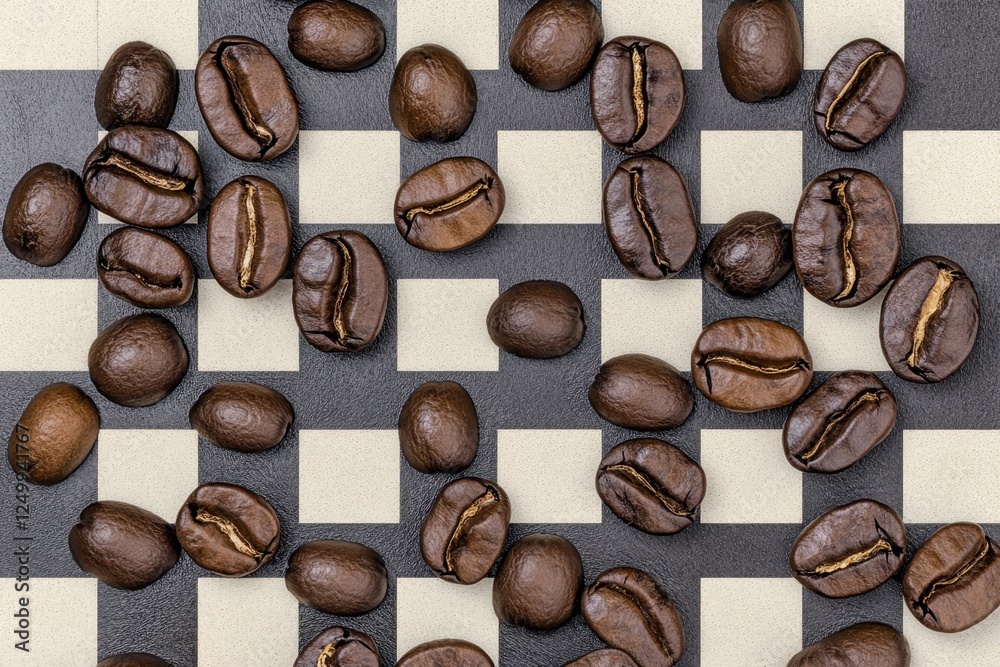 Roasted coffee beans scattered across a checkered pattern surface Roasted coffee beans scattered across a checkered pattern surface