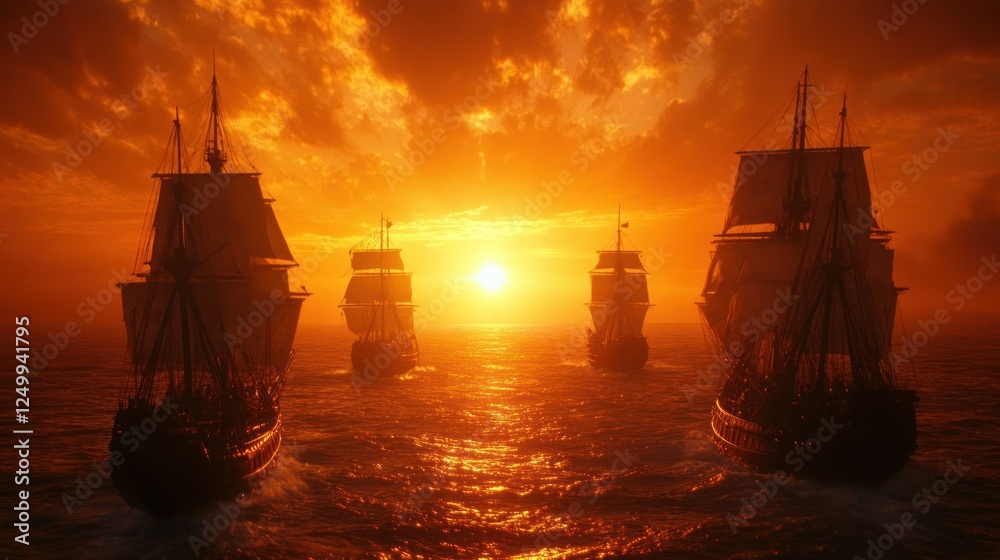 Fototapeta premium Sailing Ships at Sunset Golden Hour Voyage
