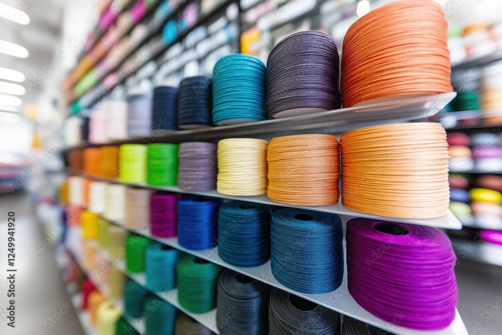 A wide variety of colorful thread spools are arranged neatly on shelves, providing crafters with an array of options for projects A wide variety of colorful thread spools are arranged neatly on shelves, providing crafters with an array of options for projects