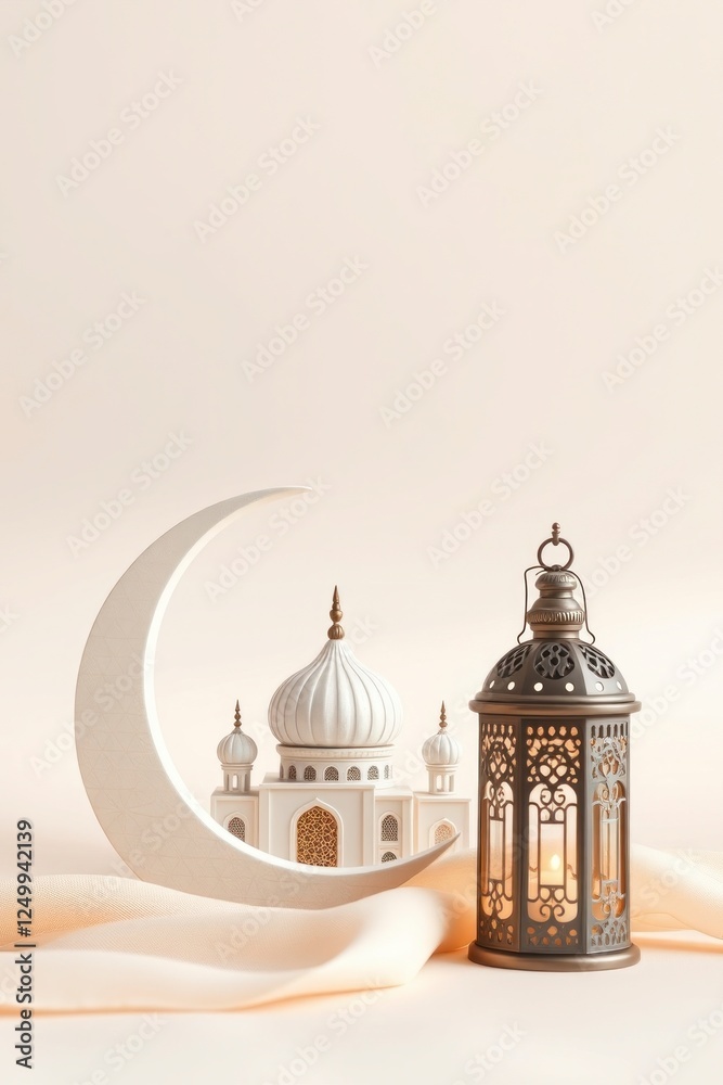 Fototapeta premium Elegant Ramadan Mosque Lantern Crescent Moon Scene