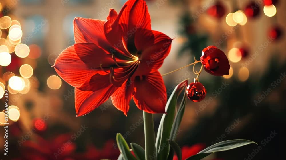 Bright red amaryllis flower in a festive indoor setting, surrounded by blurred holiday decorations.