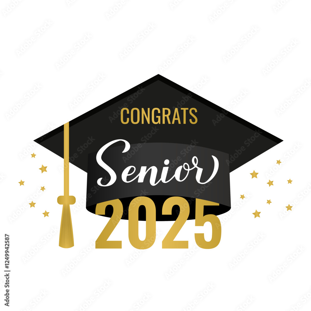 Senior 2025 lettering with graduation cap isolated on white. Congratulations to graduates typography poster. Vector template for greeting card, banner, sticker, label, shirt, etc.