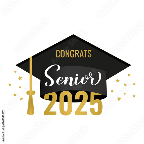 Obraz na płótnie Senior 2025 lettering with graduation cap isolated on white. Congratulations to graduates typography poster. Vector template for greeting card, banner, sticker, label, shirt, etc. w salonie