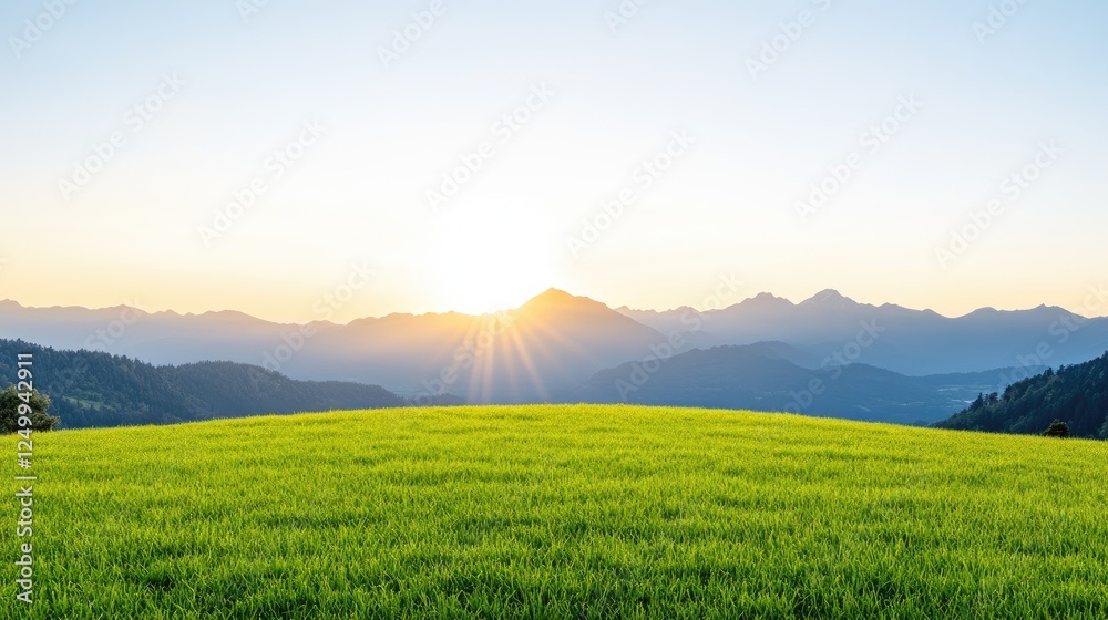 Sunrise over lush green fields with mountain backdrop, evoking tranquility and nature's beauty Sunrise over lush green fields with mountain backdrop, evoking tranquility and nature's beauty