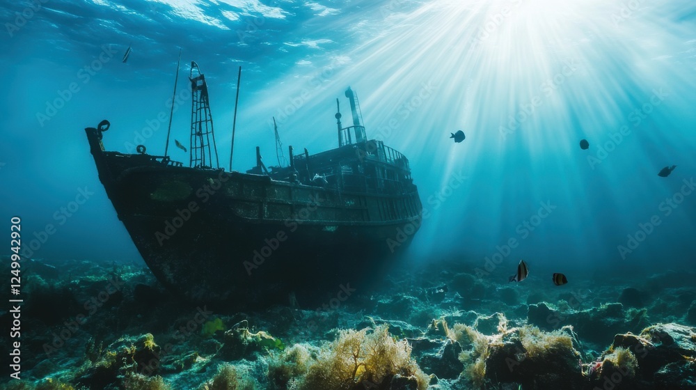 Majestic Underwater Scene Featuring a Sunken Ship Surrounded by Vibrant Marine Life and Sunbeams Majestic Underwater Scene Featuring a Sunken Ship Surrounded by Vibrant Marine Life and Sunbeams
