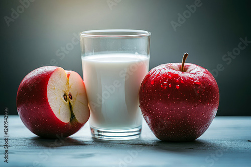 Healthy Breakfast with Fresh Apple and Glass of Milk photo