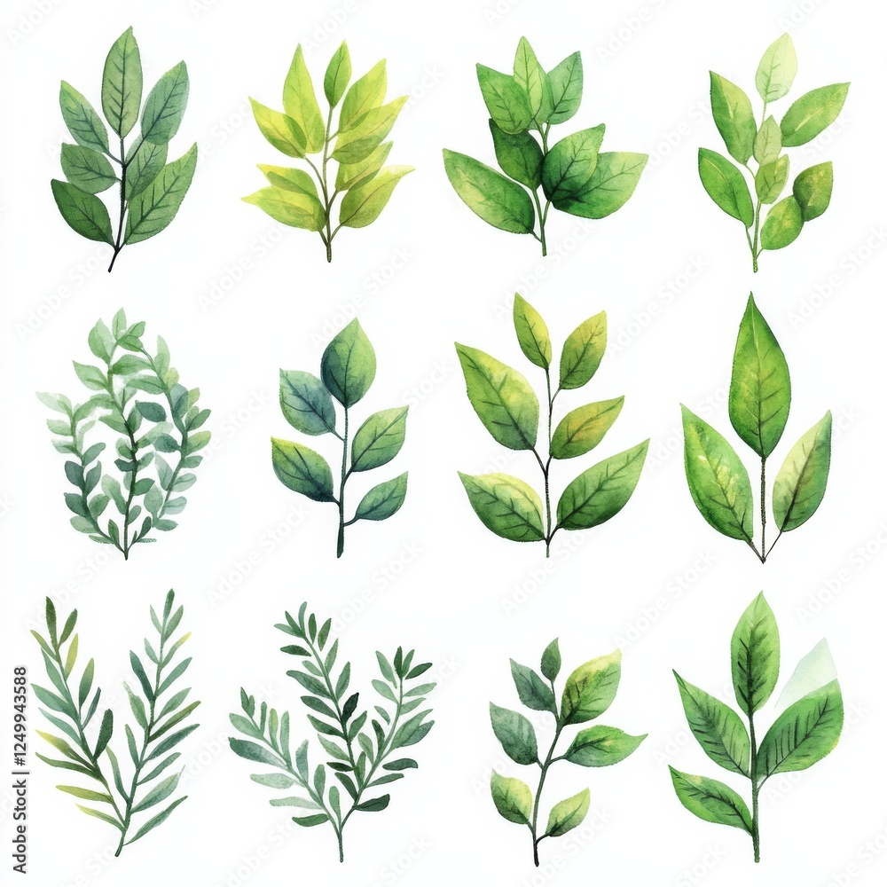 Fototapeta premium Hand-Drawn Watercolor and Ink Collection of Various Herbs and Leaves