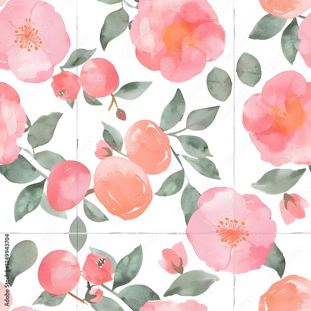 Fototapeta premium Beautiful seamless pattern of pink flowers and peaches with green leaves on a white background. Watercolor romantic design for design print, wallpaper, fabric, textile