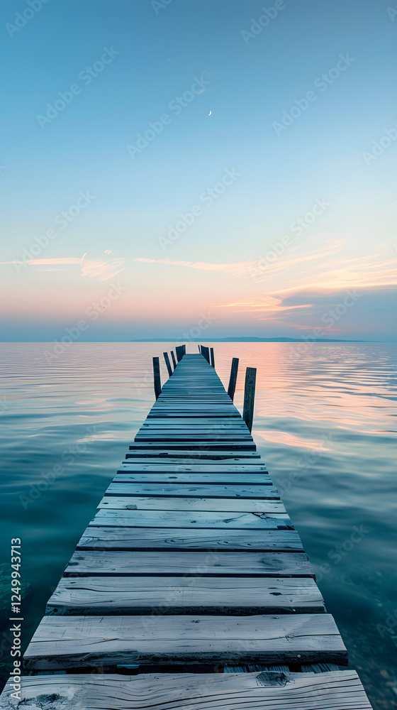 Idyllic Wooden Pier Extending Into Calm Sea Under Golden Sunset With Clear Sky and Gentle Waves Idyllic Wooden Pier Extending Into Calm Sea Under Golden Sunset With Clear Sky and Gentle Waves