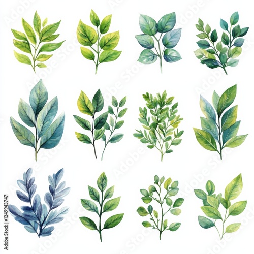 Ultra-Detailed Watercolor and Ink Herb and Leaf Collection on White Background