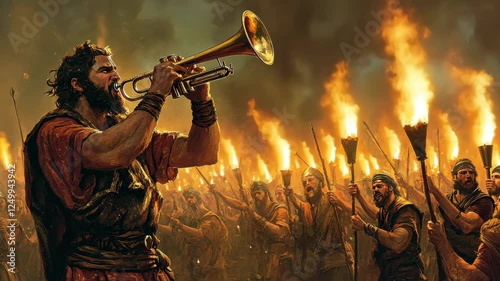 Gideon blowing his trumpet, surrounded by a small army holding torches, as the Midianite camp glows in chaos
