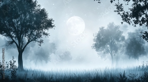 Serene Misty Forest Landscape with Full Moon and Glowing Stars in Tranquil Night Setting