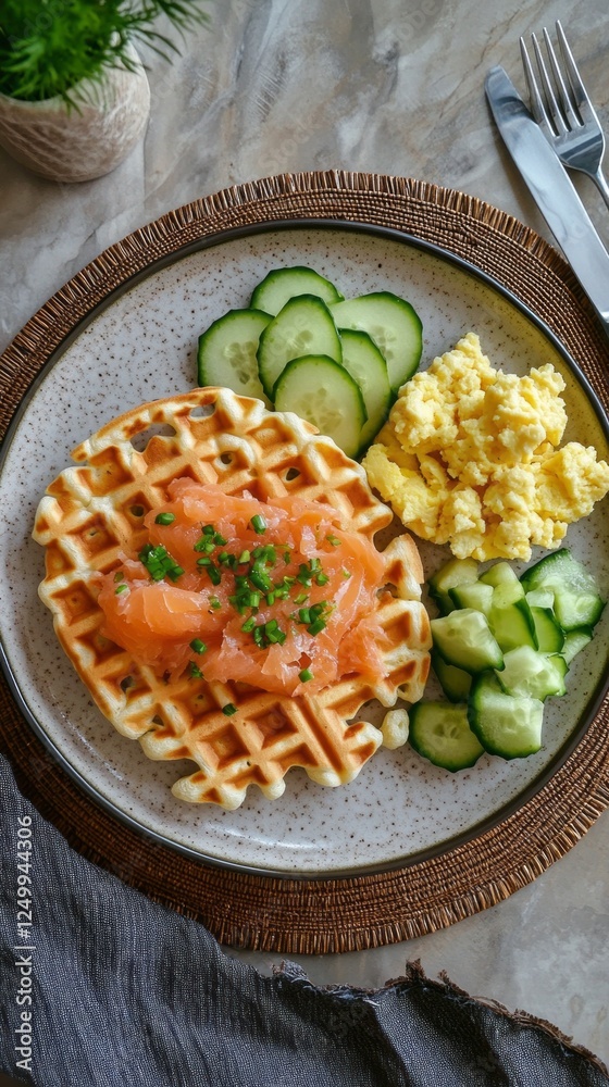 A beautifully arranged breakfast showcases waffles topped with fresh avocado and smoked salmon A beautifully arranged breakfast showcases waffles topped with fresh avocado and smoked salmon