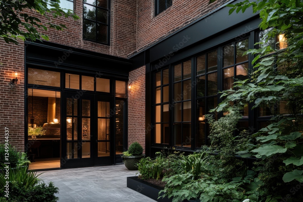 Elegant modern courtyard with lush greenery and industrial design features in a residential setting during evening hours Elegant modern courtyard with lush greenery and industrial design features in a residential setting during evening hours