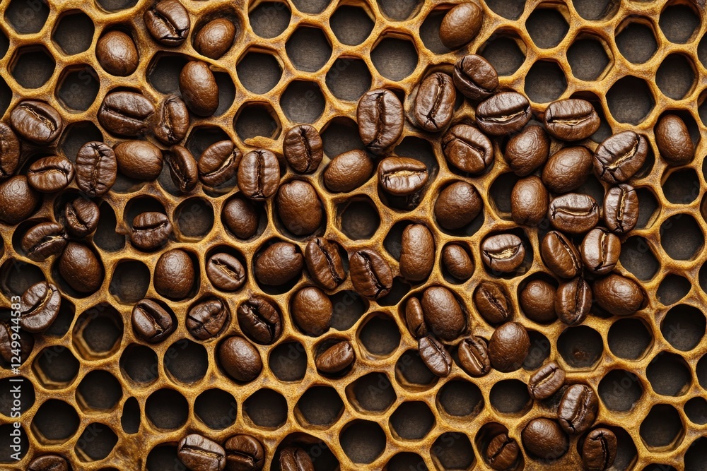 Roasted coffee beans nestled within a honeycomb structure Roasted coffee beans nestled within a honeycomb structure