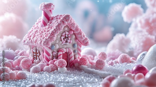 Whimsical Pink Candy House Surrounded by Sweet Treats on a Sparkling Winter Background