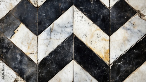 Chevron Pattern in Black and White Marble Tiles with Textured Finish for Interior Design Inspiration