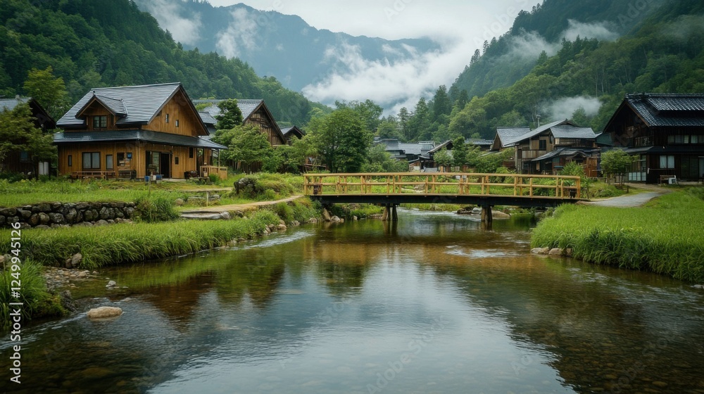 Fototapeta premium Serene Mountain Village with Traditional Houses and Calm River Surrounded by Lush Greenery and Misty Mountains
