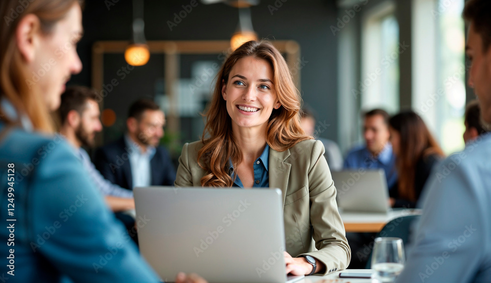 Happy woman smiling during a business meeting in modern office environment Happy woman smiling during a business meeting in modern office environment