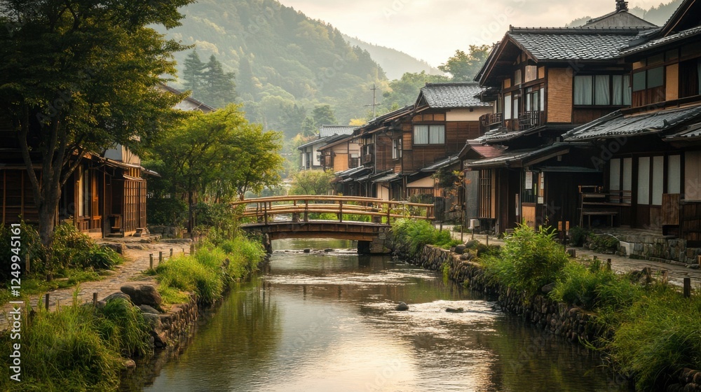 Serene Japanese Village with Traditional Architecture and Wooden Bridge Over Calm Waterway at Sunrise Serene Japanese Village with Traditional Architecture and Wooden Bridge Over Calm Waterway at Sunrise