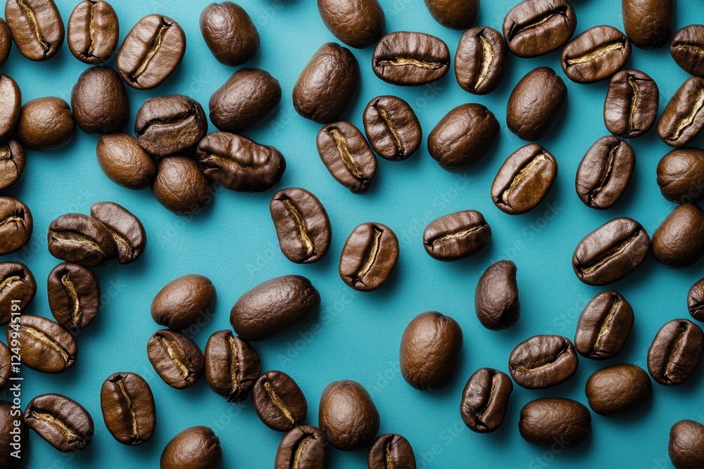 Fototapeta premium Roasted coffee beans are scattered on a vibrant turquoise surface