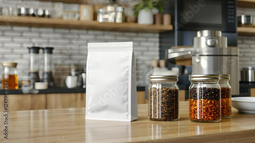 500g matte white tea pouch standing on a cafe counter with blurred jars of loose tea and honey.