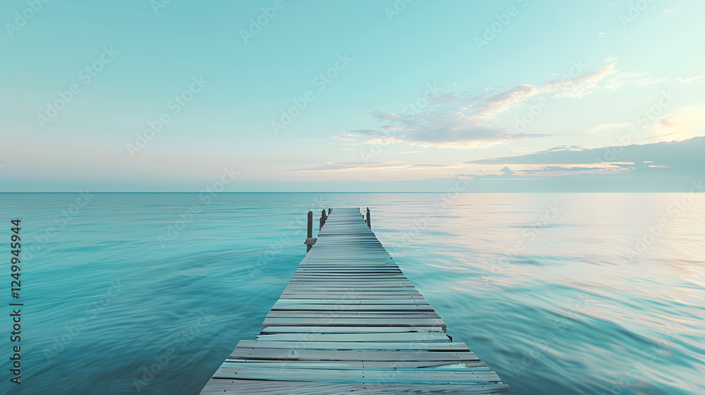 Fototapeta premium Idyllic Wooden Pier Extending Into Calm Sea Under Golden Sunset With Clear Sky and Gentle Waves