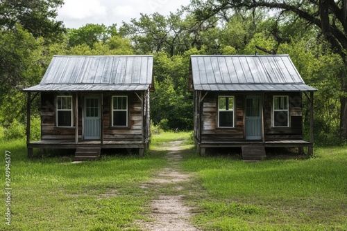 Rustic wooden cabins sit side by side in a serene grassy field surrounded by trees under a partly cloudy sky on a peaceful afternoon