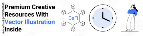 Blockchain network labeled DeFi, analog clock, thoughtful woman holding chin. Ideal for fintech, crypto, time management, innovation, blockchain concepts, financial planning flat landing page banner