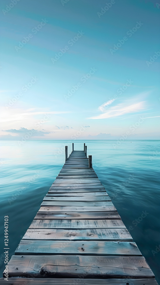 Fototapeta premium Idyllic Wooden Pier Extending Into Calm Sea Under Golden Sunset With Clear Sky and Gentle Waves