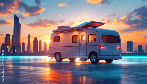 Rv Campervan Sunset Cityscape Adventure Travel