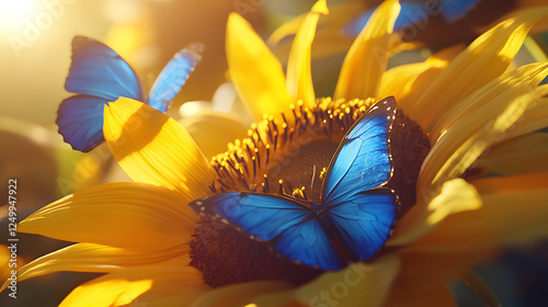 Vivid sunflower blooms with vibrant blue butterflies creating lively scene photo