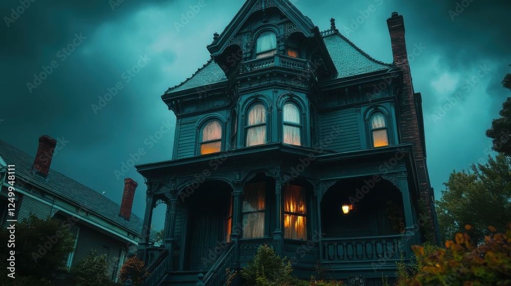 Obraz premium Spooky Victorian House with Dark Clouds and Glowing Windows at Dusk