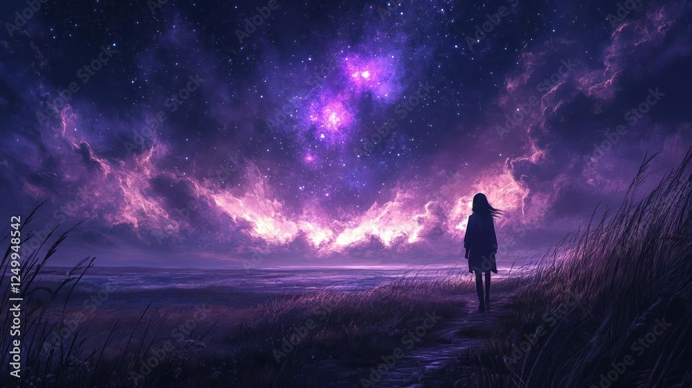 Fototapeta premium A woman stands alone on a vast grassy field, gazing up at the starry sky, her figure small and insignificant against the celestial backdrop.