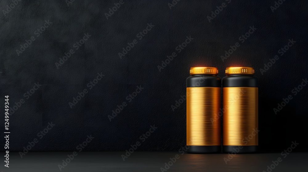Fototapeta premium Innovative Energy Solutions: Glowing Battery Storage Bottles Against a Dark, Textured Background. Peak Energy, Generation, Optimization Concept