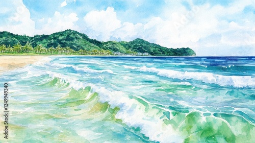 Watercolor Tropical Beach Scene with Rolling Waves and Lush Green Hills
