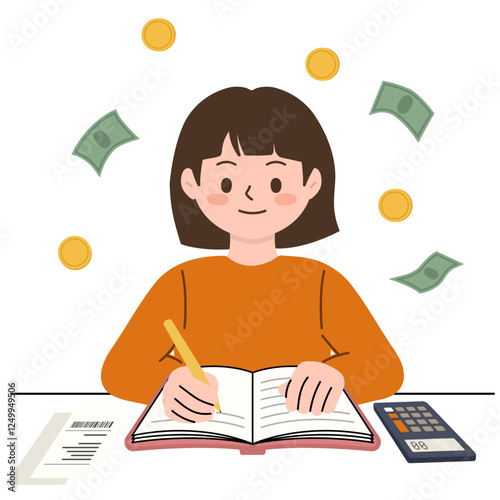 woman writing household account book, economy, money vectors