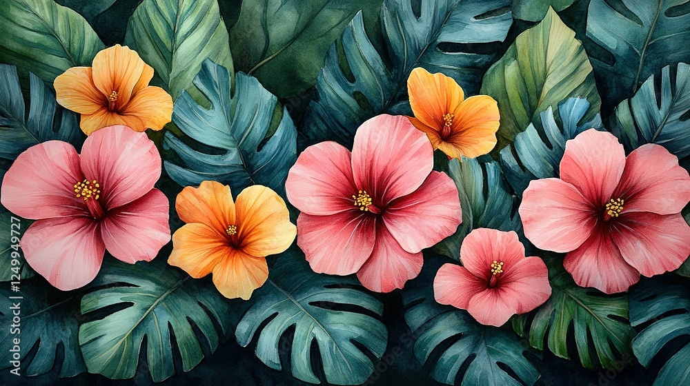 custom made wallpaper toronto digitalWatercolor Painting of Hibiscus Flowers and Tropical Leaves