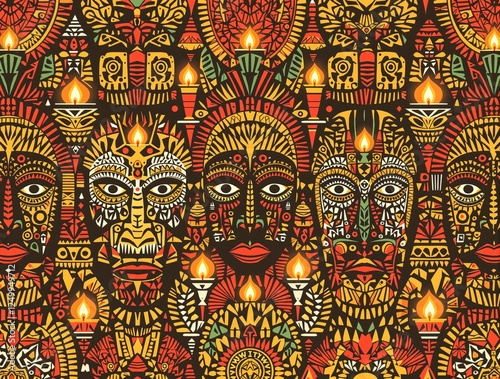 Wallpaper Mural Traditional African tribal masks pattern with burning candles on black background. Ethnic ceremonial design for Kwanzaa celebration, African Heritage Month, festival decorations or spiritual art Torontodigital.ca