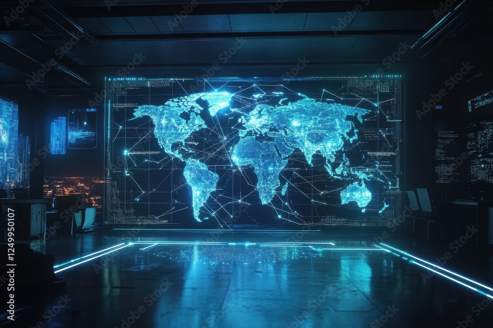 Global Network Data Visualization In Futuristic Room